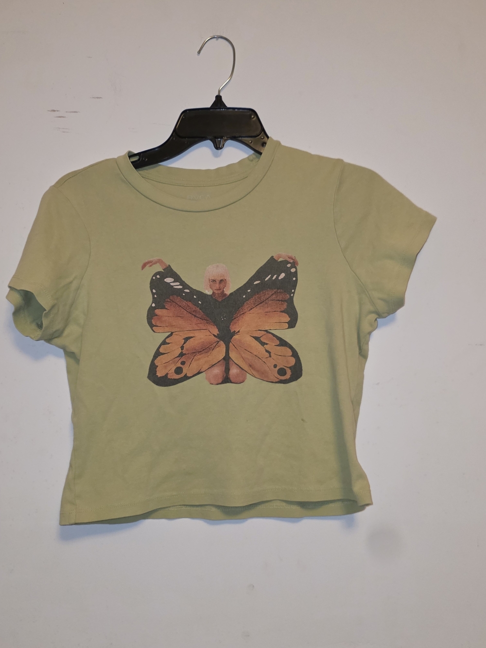 RVCA Light Green Tee with Orange Butterfly Graphic